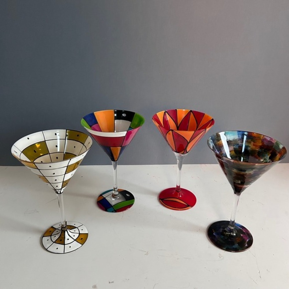 Martini Glasses Hand Painted Colorful Art Glass MCM Cocktail Barware Set Patio‎